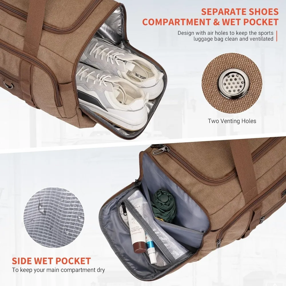 حقيبة قماشية 3 في 1 للرجال للسفر - حقيبة ظهر بسعة 40 لتر مع حجرة للأحذية، حقيبة عطلة نهاية الأسبوع بين عشية وضحاها