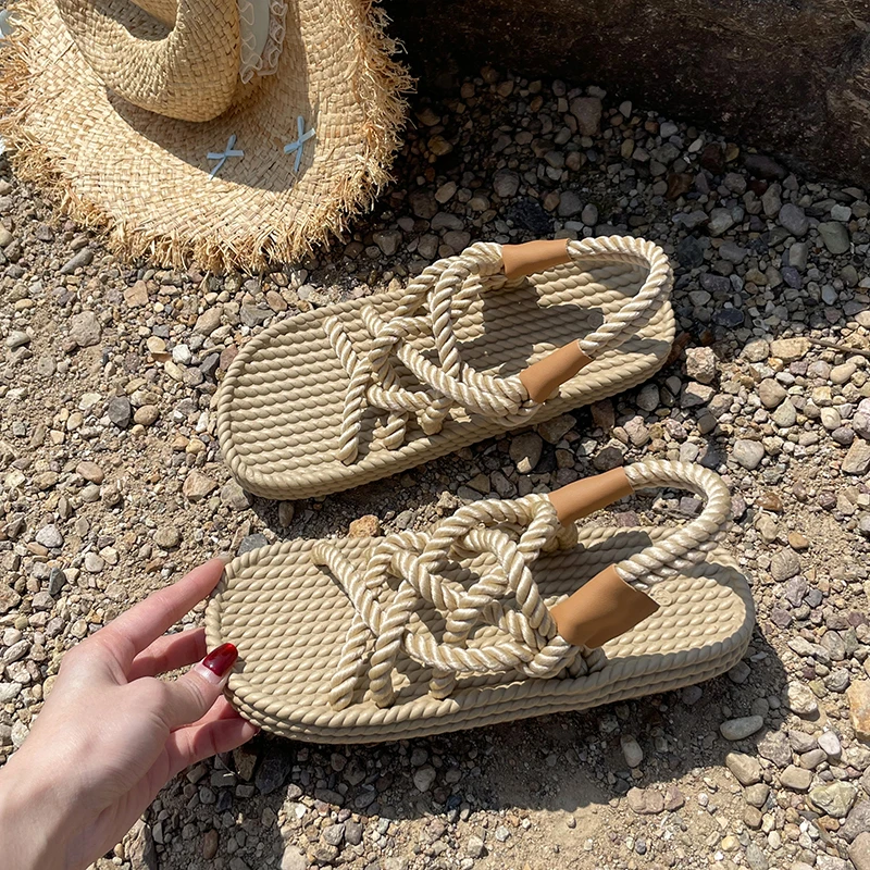 

Roman Beach Sandals Women's New Summer Handmade Hemp Rope Woven Versatile Outside Wear Flat Straw Sandals