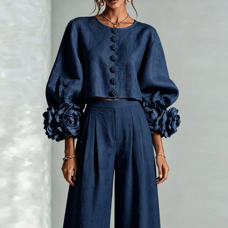 Women Neck Puff Sleeve 2‑Piece Pant Sets Round 3D Floral Cuff Crop Top & Wide Leg Pants Suit Elegant Casual Office Party Outfits
