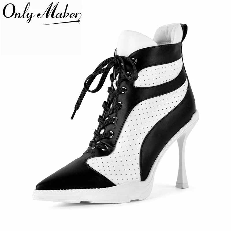 Onlymaker Stiefeletten mit spitzer Zehenpartie, schwarz-weiß, Patchwork-Design, Stiletto-Absatz, Schnürung, modisch, für Partys, Clubs, Kleider, Schuhe, Stiefeletten
