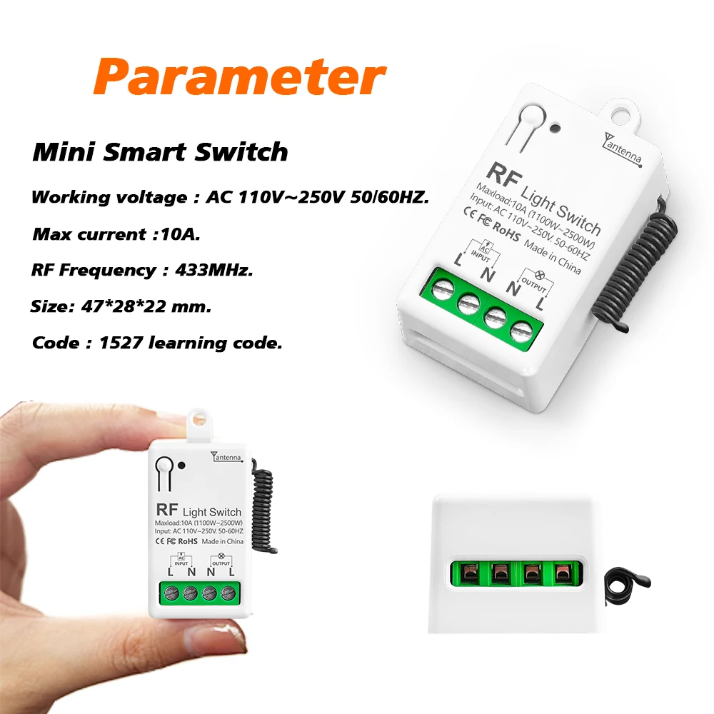 Wireless Light Switch RF433MHz 110V 220V 10A Mini Relay Receiver transmitter 123Gang Panel Switch Interruptor for Light Lamp