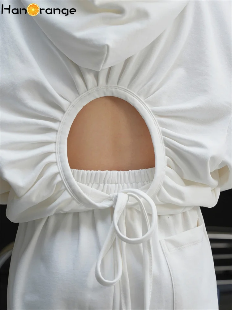 HanOrange 2025 Spring Simple Back Hollow Short Hoodies Women Loose Strap Casual Hooded Top Active Black/White