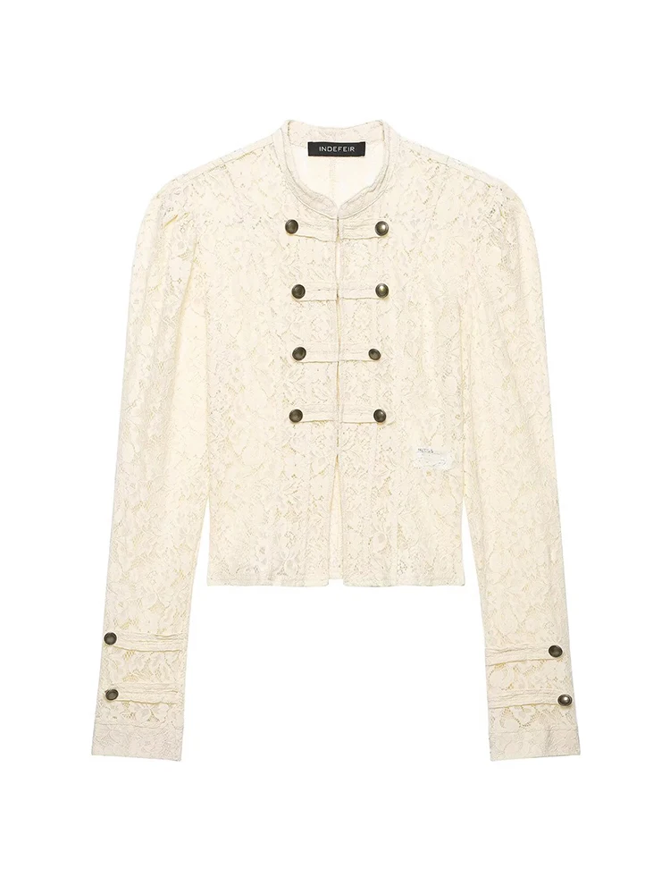 HH Women Spring Autumn Off White Lace Stand Collar Double Breasted Long Sleeve Cropped Jacket For Holiday Vacation Outdoor Wear