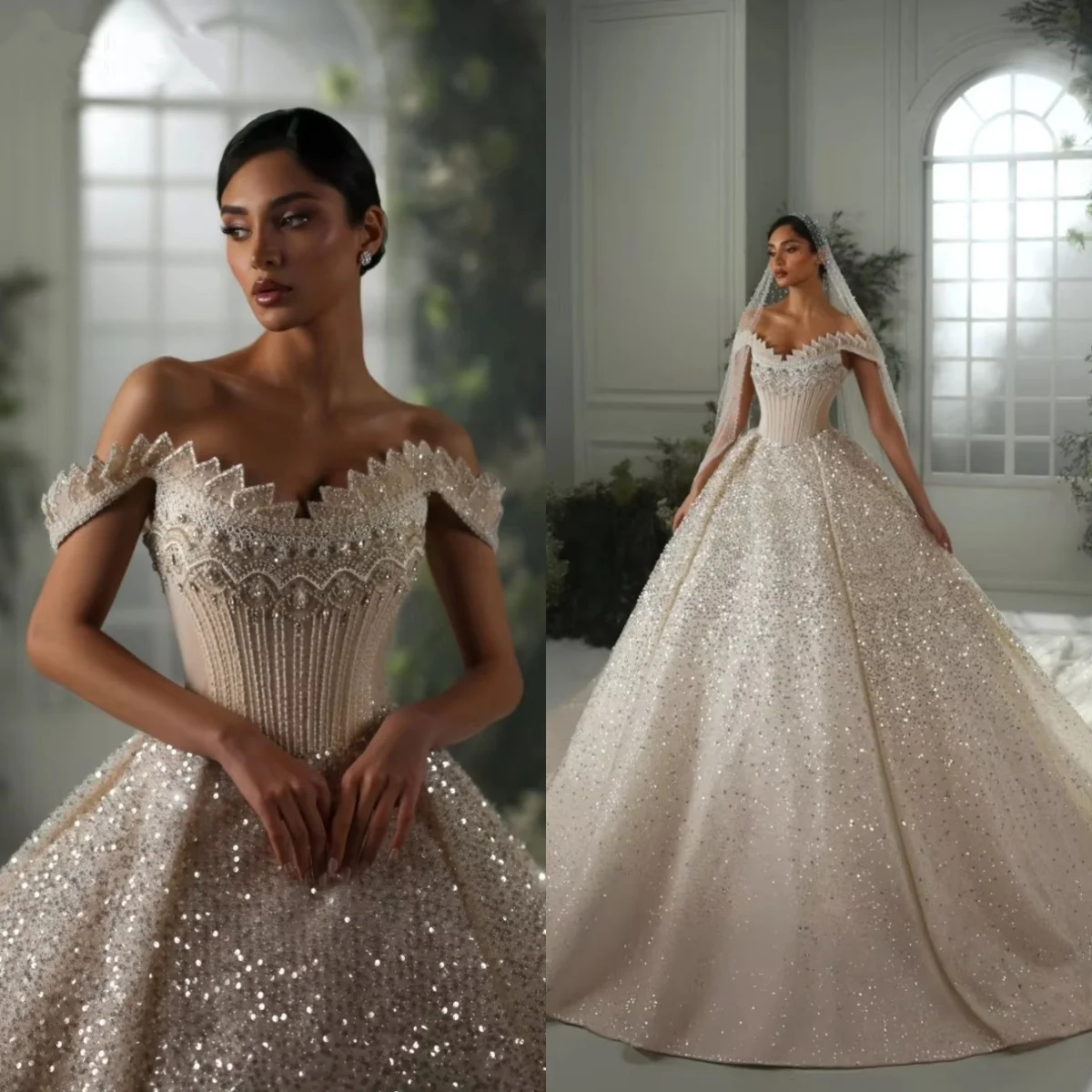 Unique Off the Shoulder Wedding Dresses Sequins Bridal Gowns A Line Pearls Princess Sweep Train Customized Vestidos De Novia