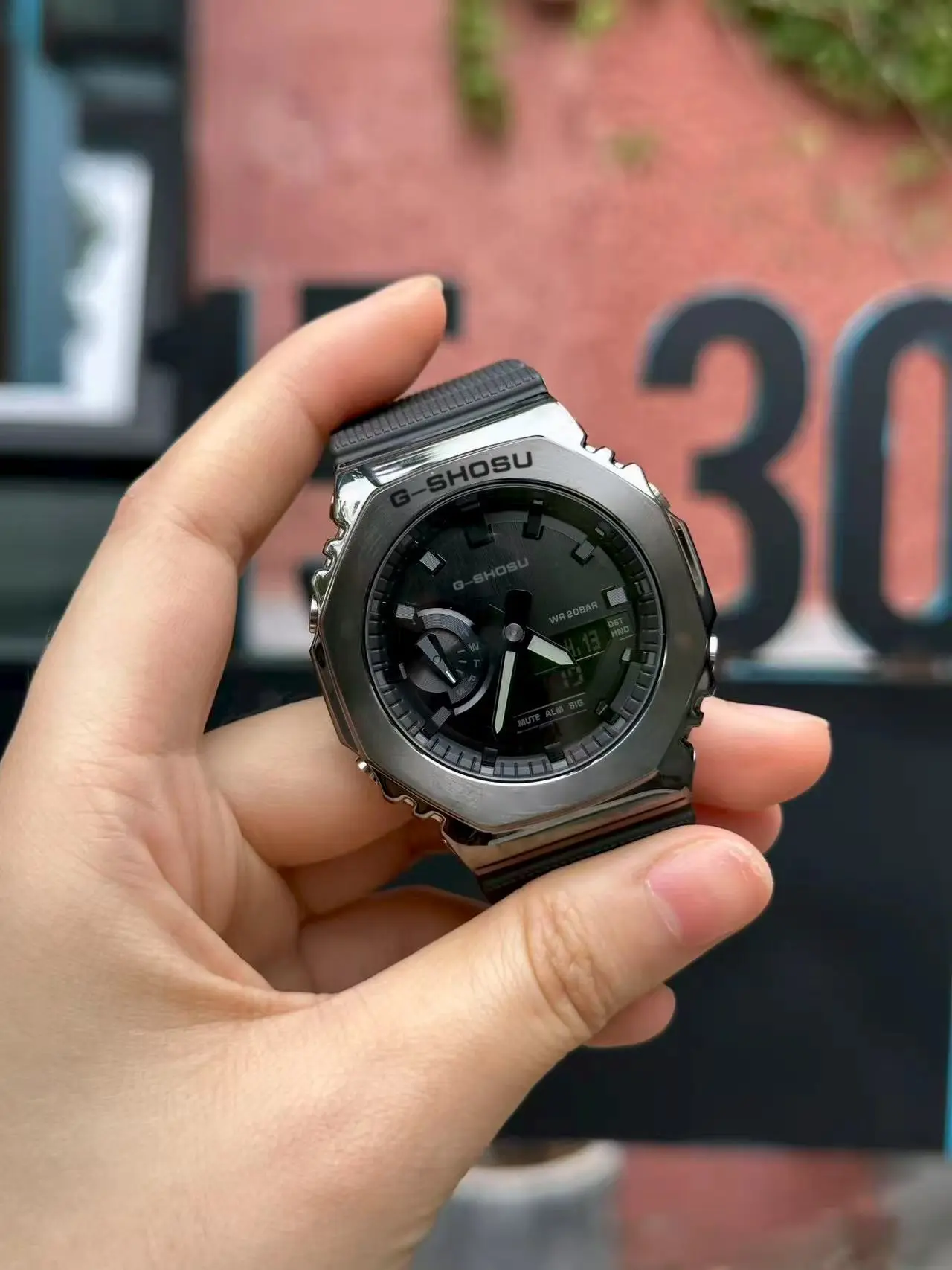 

Electronic unisex digital watch with full function alloy dial GM oak series LED dual display world time full function