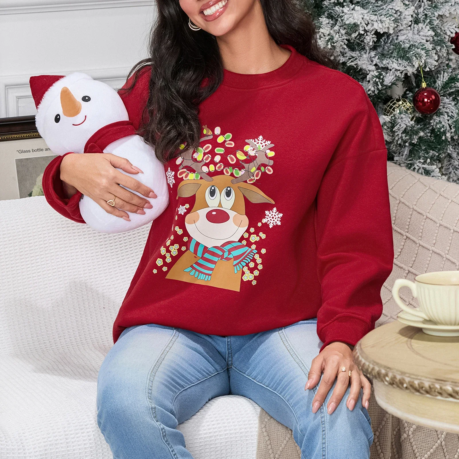 FUFUCAILLM Women Christmas Sweatshirts Cartoon Deer Print Crew Neck Pullovers Fall Winter Long Sleeve Casual Xmas Top Streetwear