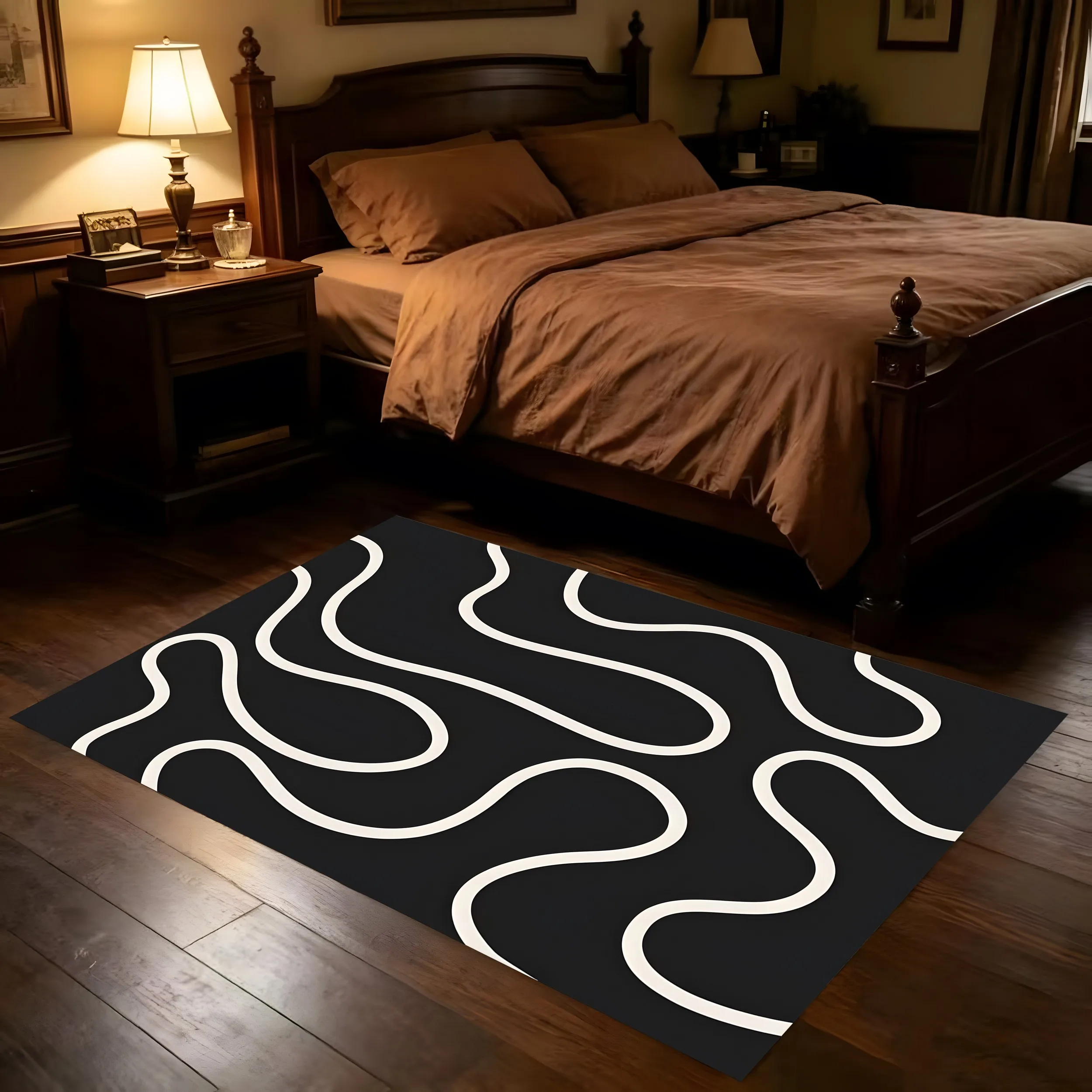 A Minimalist, Instagram-Worthy Velvet Rug with a Black and Milky White Flowing Curve, Suitable for New Year's Housewarming, Living Room, Bedroom, and Entryway, Creating a Cool, Sophisticated, and Simple Ambiance