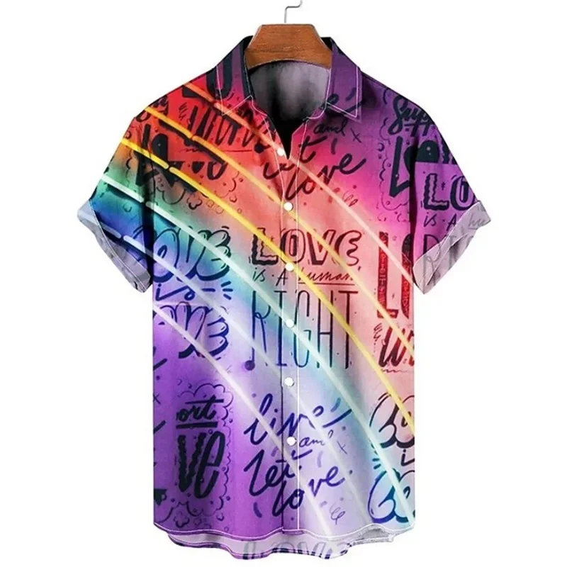 Romantic Rainbow Pattern Hawalian Shirt For Men Colorful 3D Printed Blouses Casual Short Sleeve Aloha Shirts Street Lapel Tops