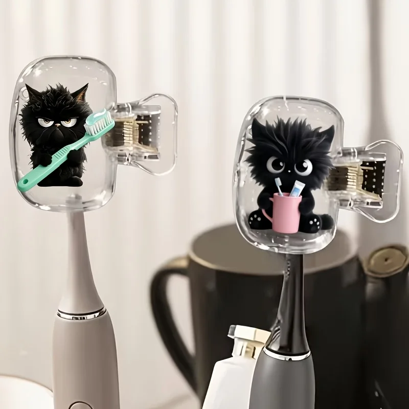 2pcs Black Kittens Toothbrush Storage Box, Bathroom Accessory