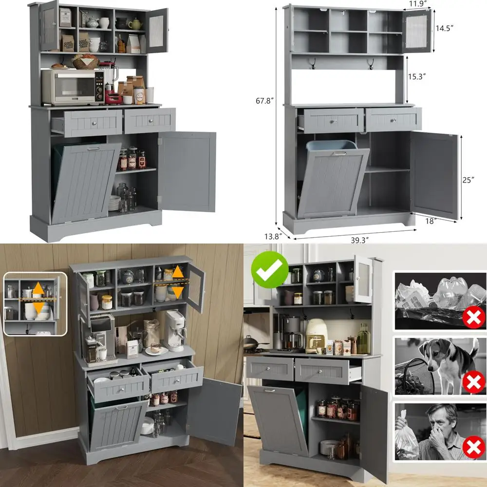 Freestanding Tall Kitchen Pantry Cabinet with Tilt-Out Trash Bin and Door Storage