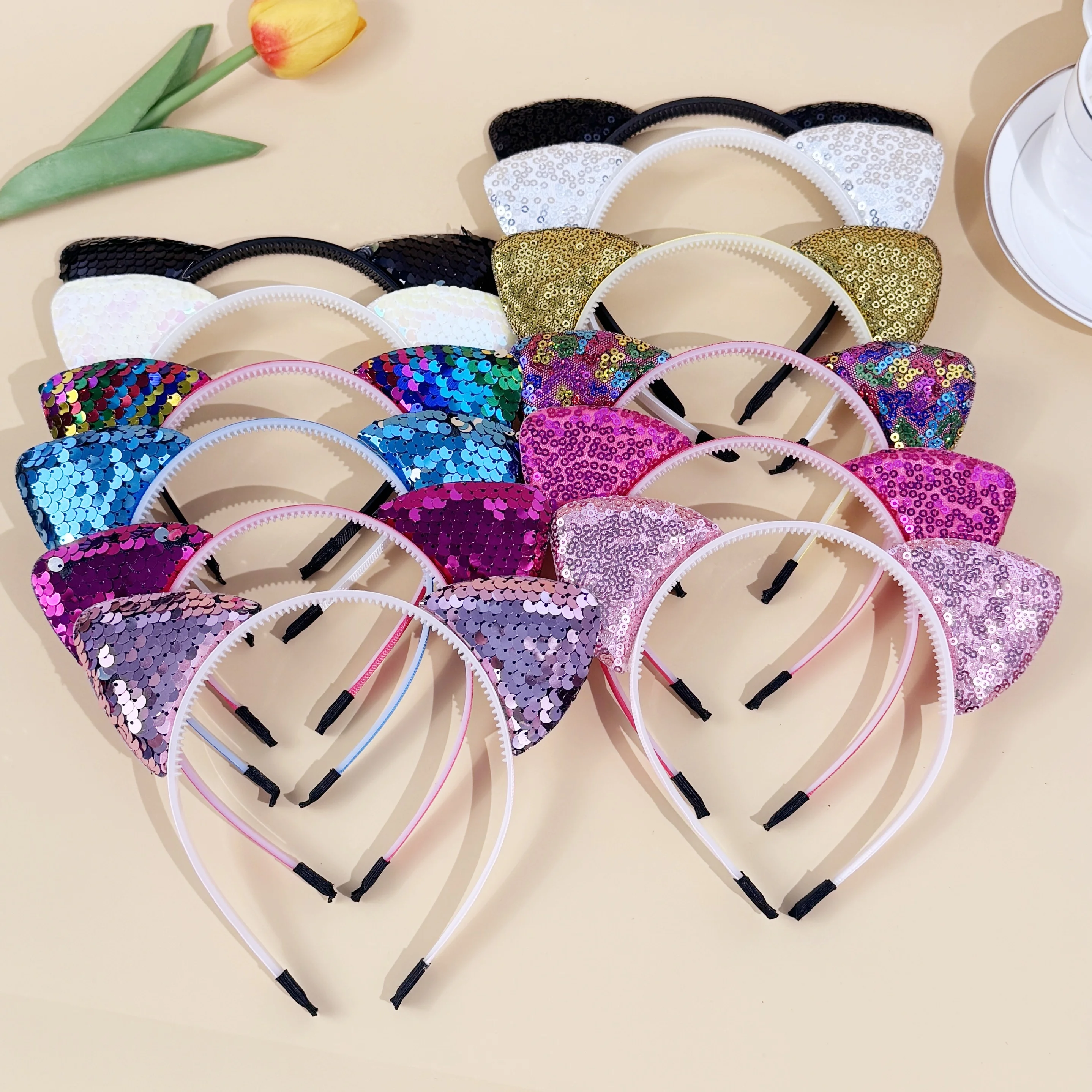 6/12pcs Sequin Cat Ear Headbands Girls Party Hairbands Cute Glitter Cat Ear Hairband Kitty Headbands Kids Party Hair Accessories