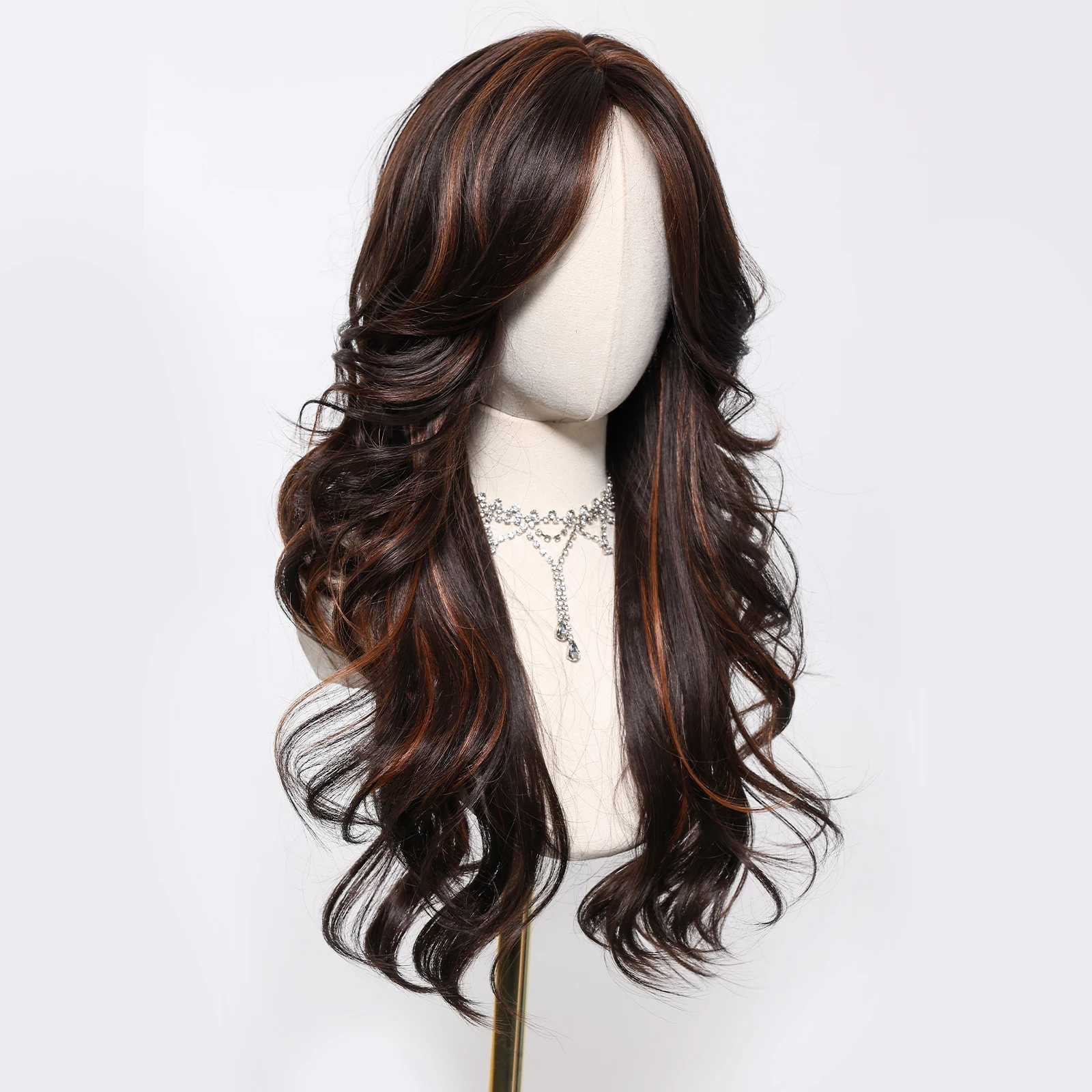 Fluffy Brown Curly Synthetic Wigs Long Wavy Hair for Women Brunette Wigs Side Bangs Natural Daily Party High Temperature Fiber