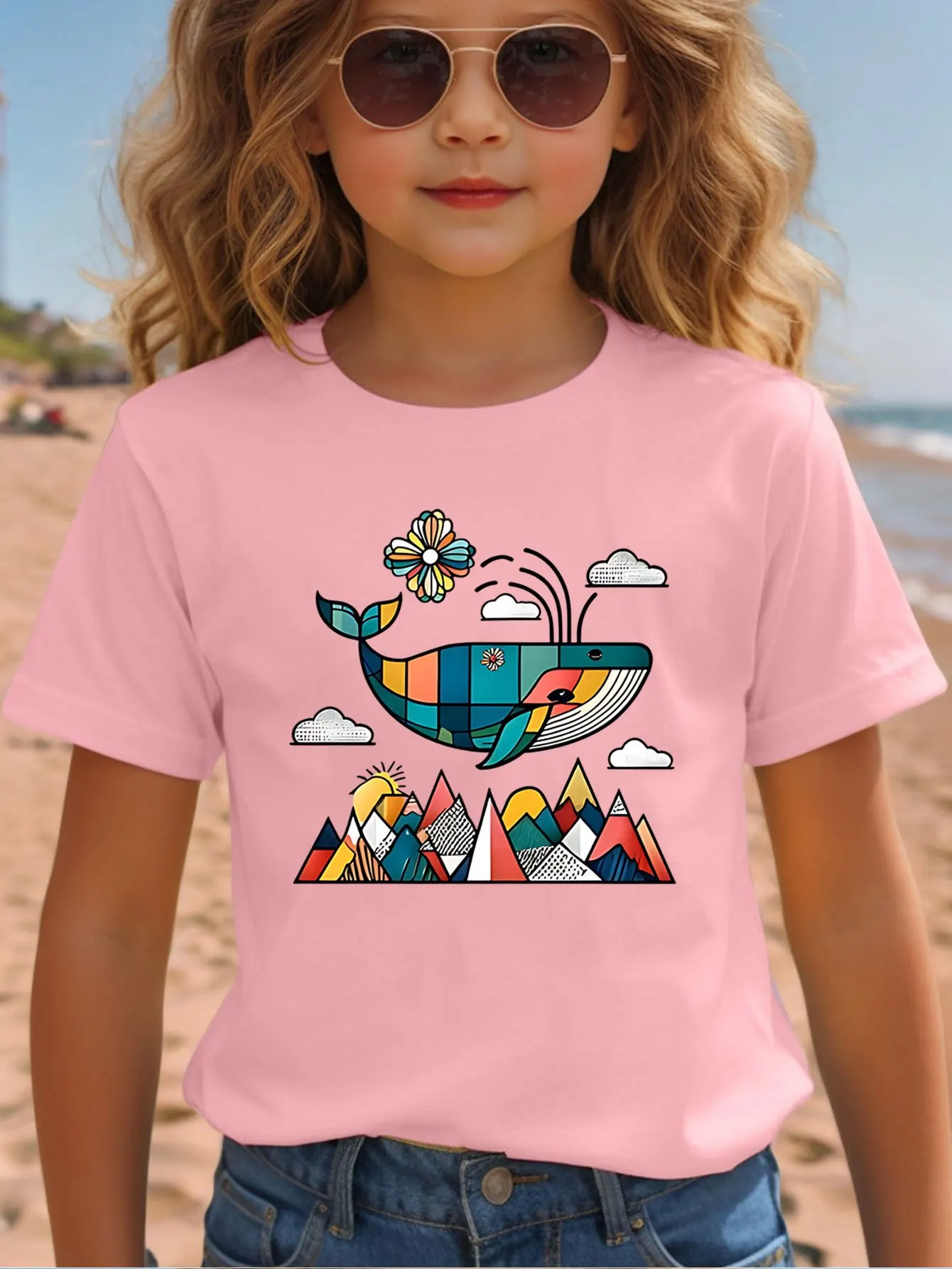 Geometric Whale Mountain Print Kids T Shirt Boys Girls Parent Child Matching Short Sleeve Casual Breathable Family Fashion Tees