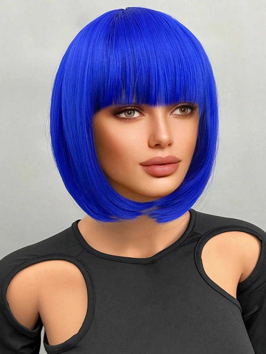 20" 여성용 앞머리가 있는 짧은 파란색 물결 모양 가발 자연스러운 일상 사용을 위한 코스프레 가발