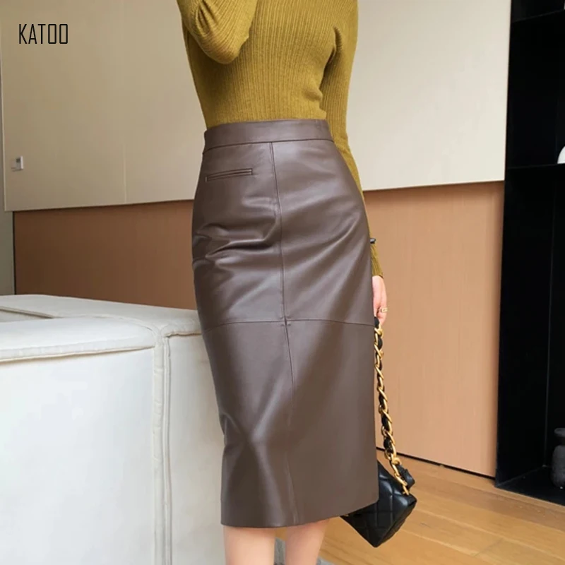 Coffee Versatile Leather Skirt Female Sheepskin High Waist Wrap Hip Slim A-Line Straight Medium to Long Skirts Woman Clothing