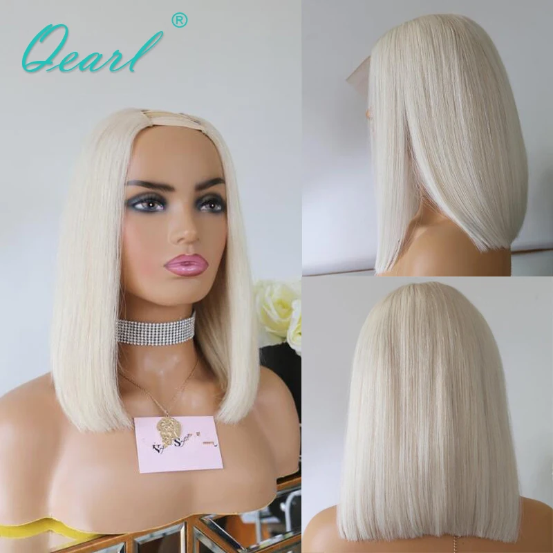 Cheap Short Bob Wig Straight Real Human Hair Wig for Women Icy Blonde U Part Wigs 2x4 Platinum White Glueless 200% Thick Qearl