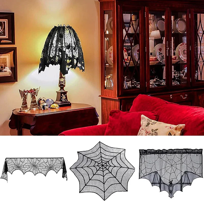 Halloween Decorations Tablecloth Black Lace Round Spider Cobweb Table Cover Fireplace Mantel Scarf Spiderweb Fireplace Scarf