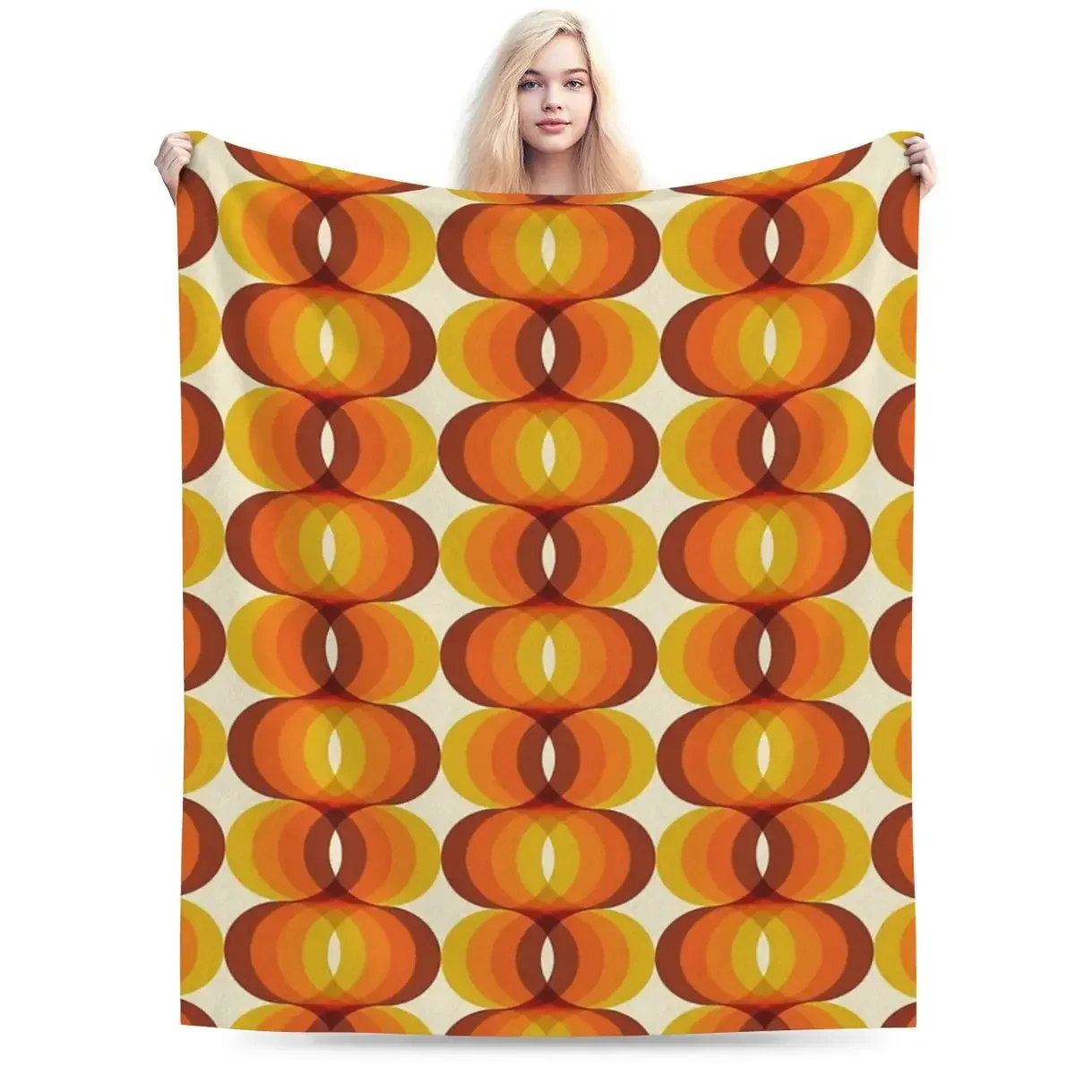 Flannel Throw Blanket Orange, Brown, And Ivory Retro 1960s Wavy Pattern Blanket Bedspread Warm Plush Blanket for Bed Living room