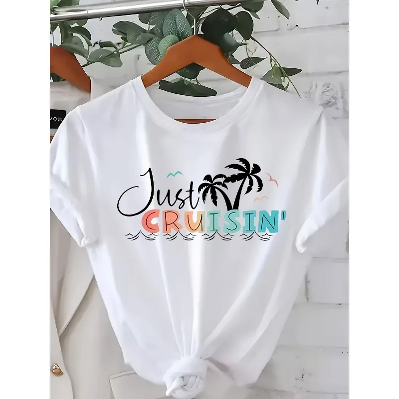 

Women White Casual Short Sleeved T-shirt with Tropical Palm Tree and "Just Cruisin '!" Pattern Printed Breathable Round Neck Top