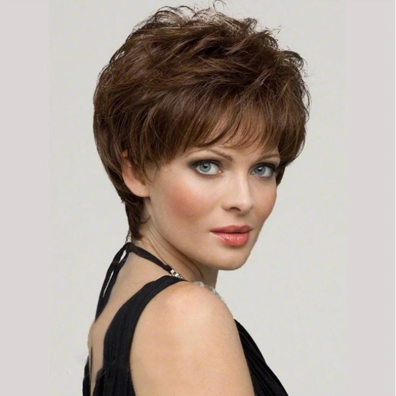 Fashionable Woman'S Short Bob Wig Heat-Treated Synthetic Fiber Brown Slightly Curled Full Headpiece Suitable For Daily Wear