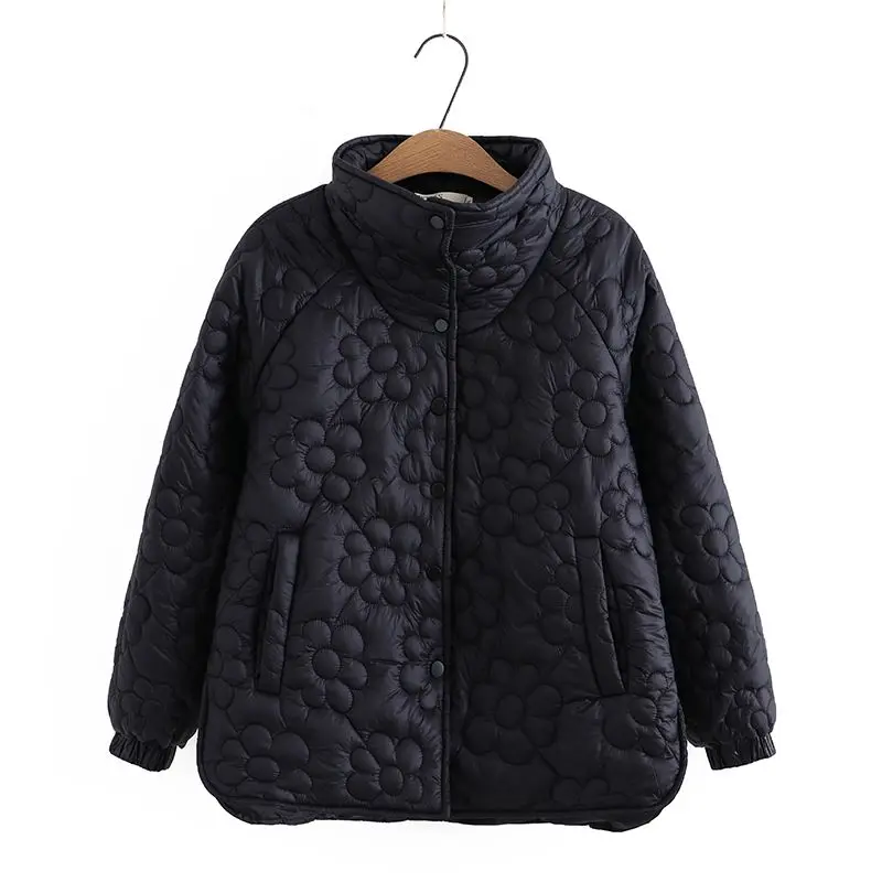 2023 New Plus Size Winter Warm Short Tops Parka Women Turtleneck Buttons Long Sleeve Embossed Black Coat Korean Light Outerwear