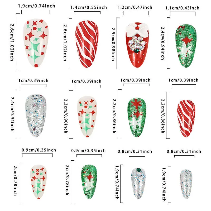 24pcs Flash Christmas Almond Fake Nails Shiny Sequins Diamond Bowknots Y2k Star Press On Nails Glitter Red Green Long Manicure