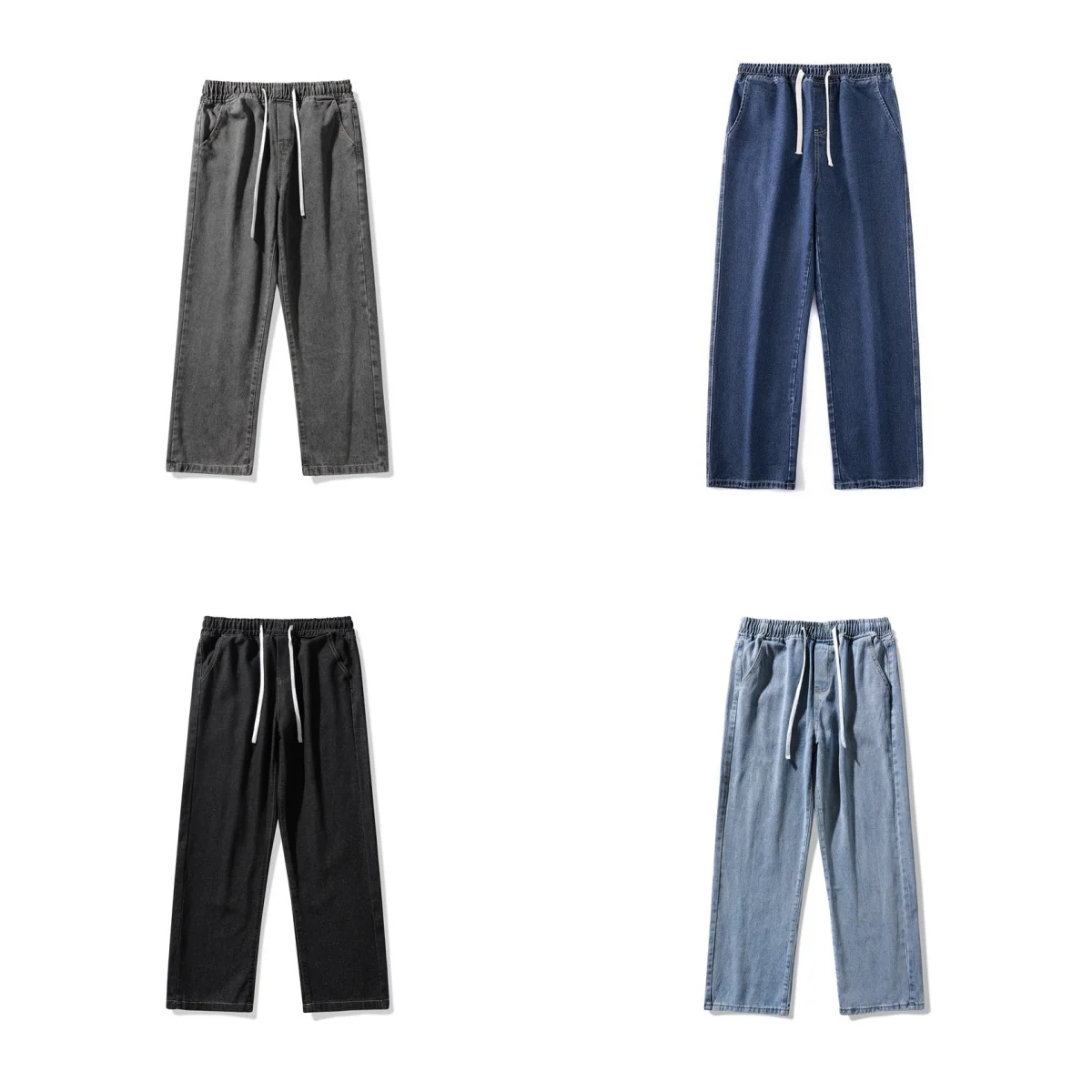 

2025 New Korean Men's Casual Long Jeans Classic Man Straight Denim Wide-leg Pants Solid Color Light Blue Grey Black ﻿
