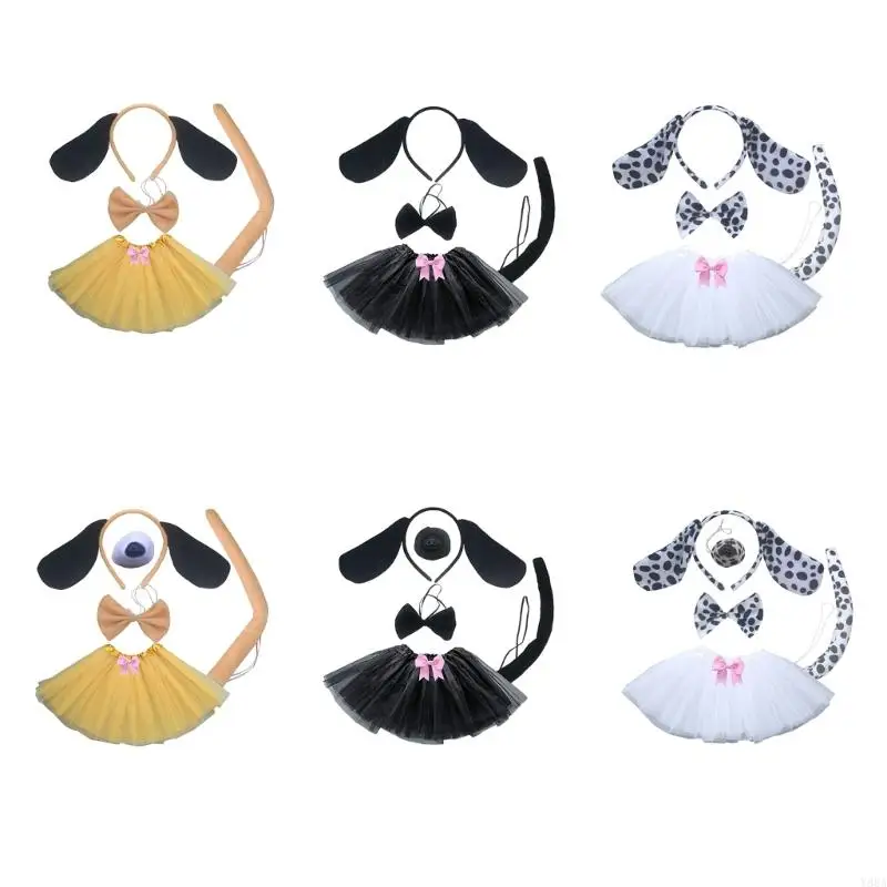 

Y88A Dog Costume Set Dog Ears Headband Bow Tail Halloween Animal Cosplay Props