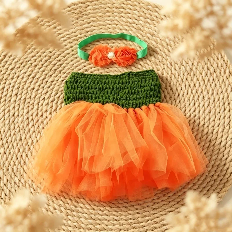 Orange Green Tutu Dress With Headpiece Kids Princess Outfit For Summer Ballet Halloween Party Stage Performance Costume Set