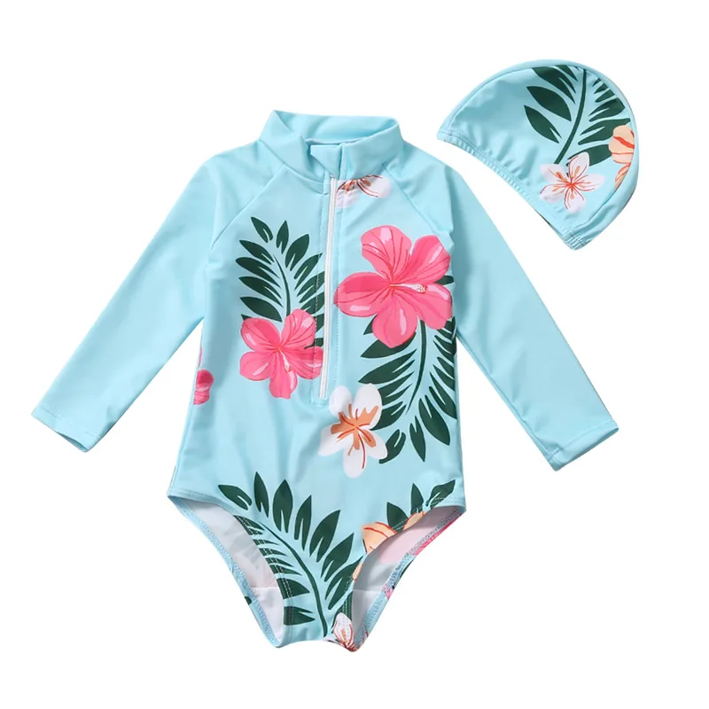 HappyFlute One Piece  Flowers Prints Long Sleeve Zipper Design Sunscreen &Breathable Girls Swimsuit