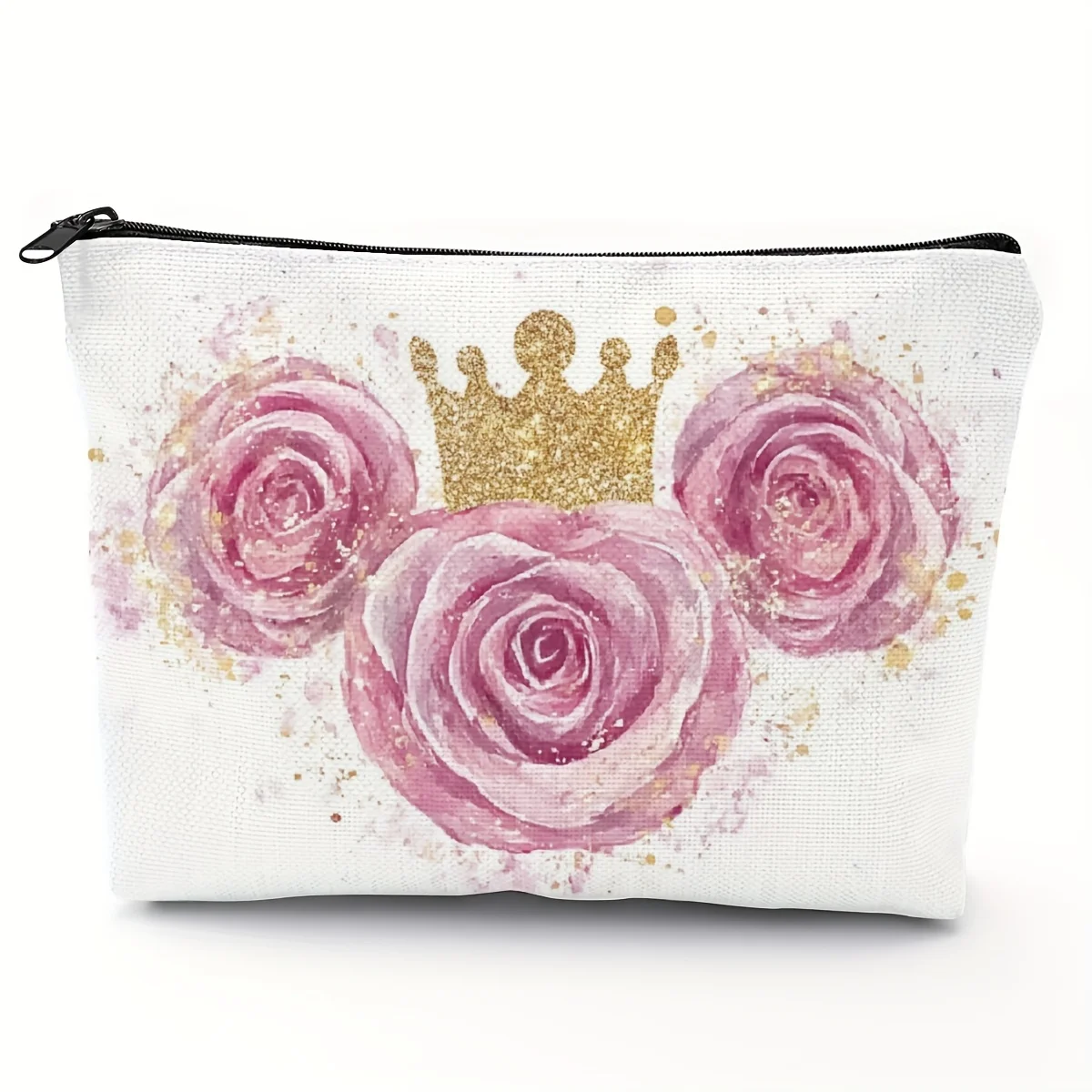 1pc Floral Crown Design Cosmetic Bag, Polyester Casual Style, Hand Washable, Zipper Closure