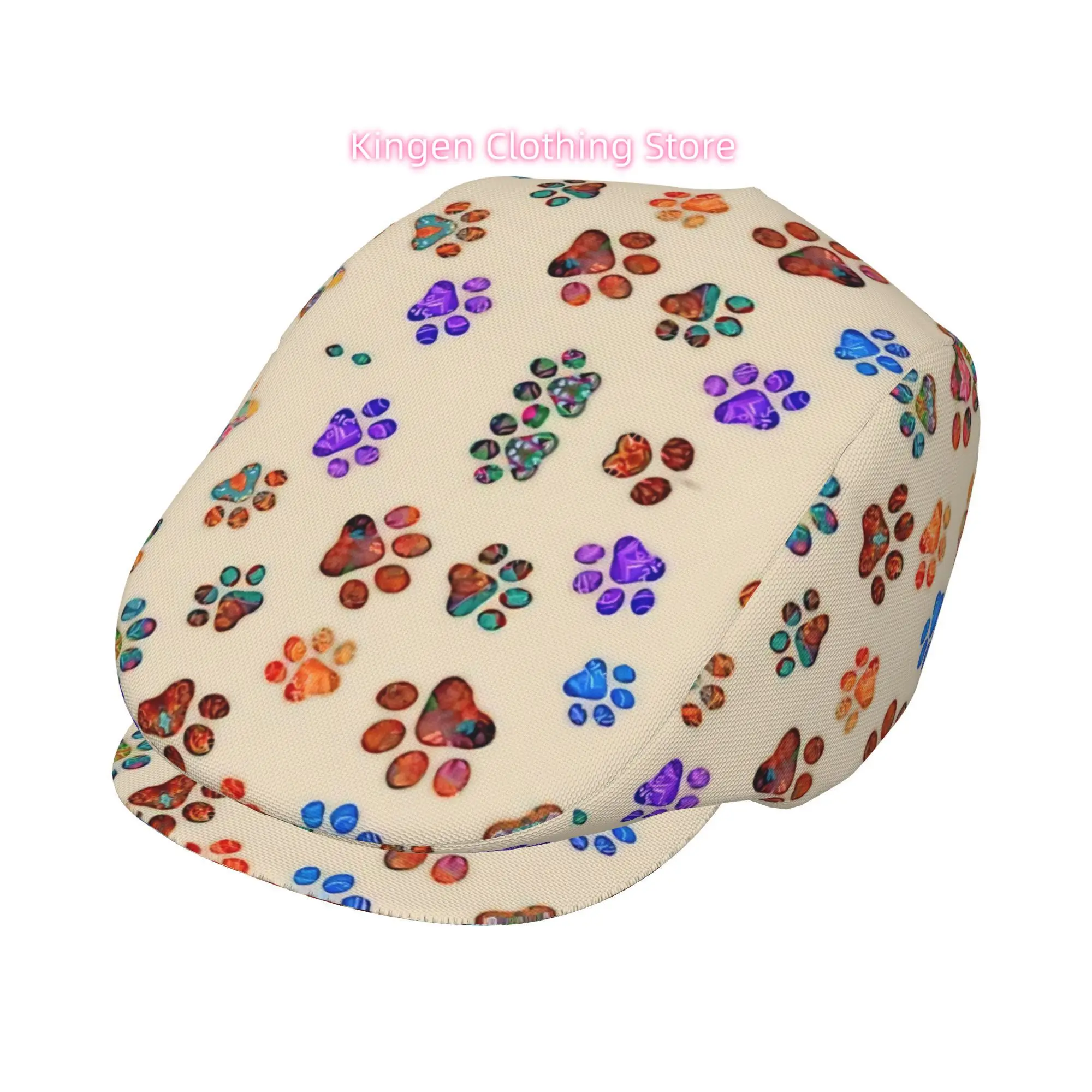 1pc Men's & Women's Adjustable Flat Cap with Multicolor Paw Print Design - Lightweight ABS Resin & Polyester, Retro Irish Cabbie