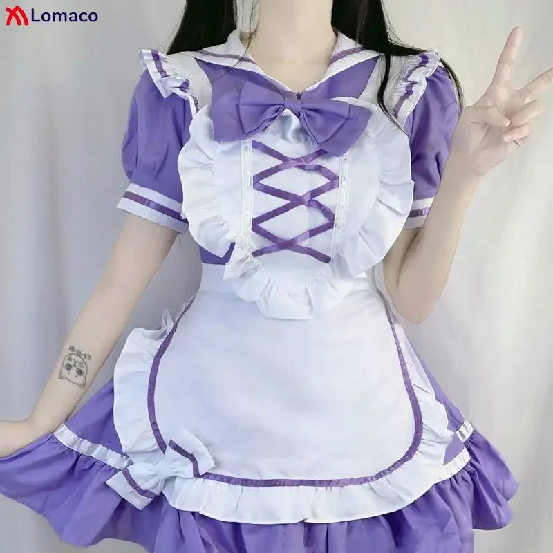 Japanese Lolita purple maid Cos dress soft Girl women Princess bow dresses kawaii cosplay costume clothes