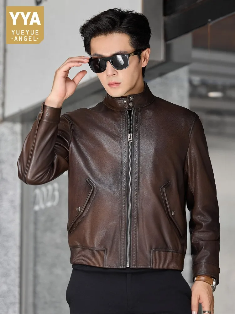 

New Luxury Mens Genuine Leather Jacket Slim Stand Collar Short Jackets Youth Male Goatskin Coat Business Casual Zipper Outerwear