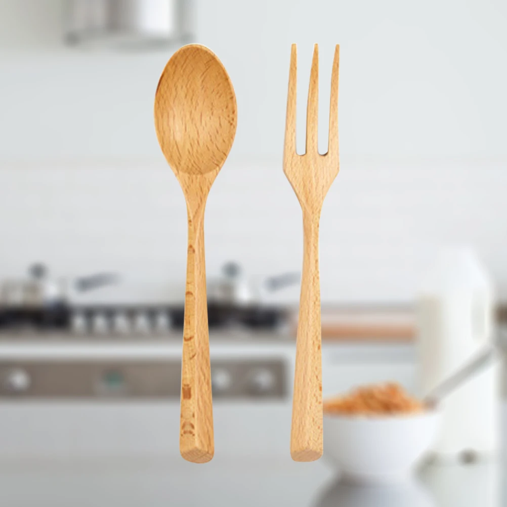 

2 Pcs Fork Spoon Combination Tableware Dinner Cutlery Set Wooden and Food Serving