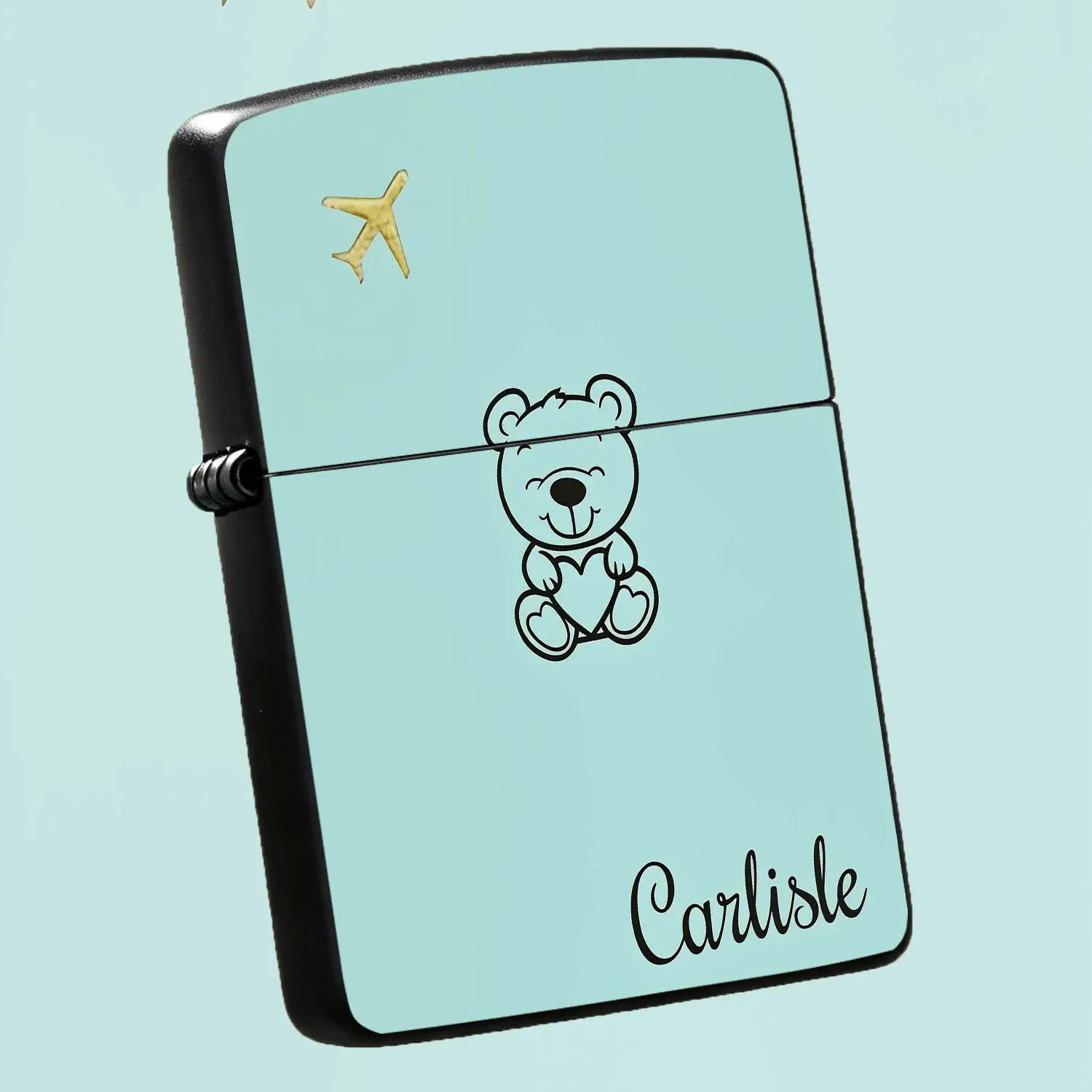 Personalized Cute Bear Print Lighter, Fresh Light Blue Background With Delicate Golden Airplane Accent, Customizable Name Carlisle, Portable Stylish All-Match Design, Ideal For Daily Carry, Gifting And Various Scenarios A Humorous And Inter