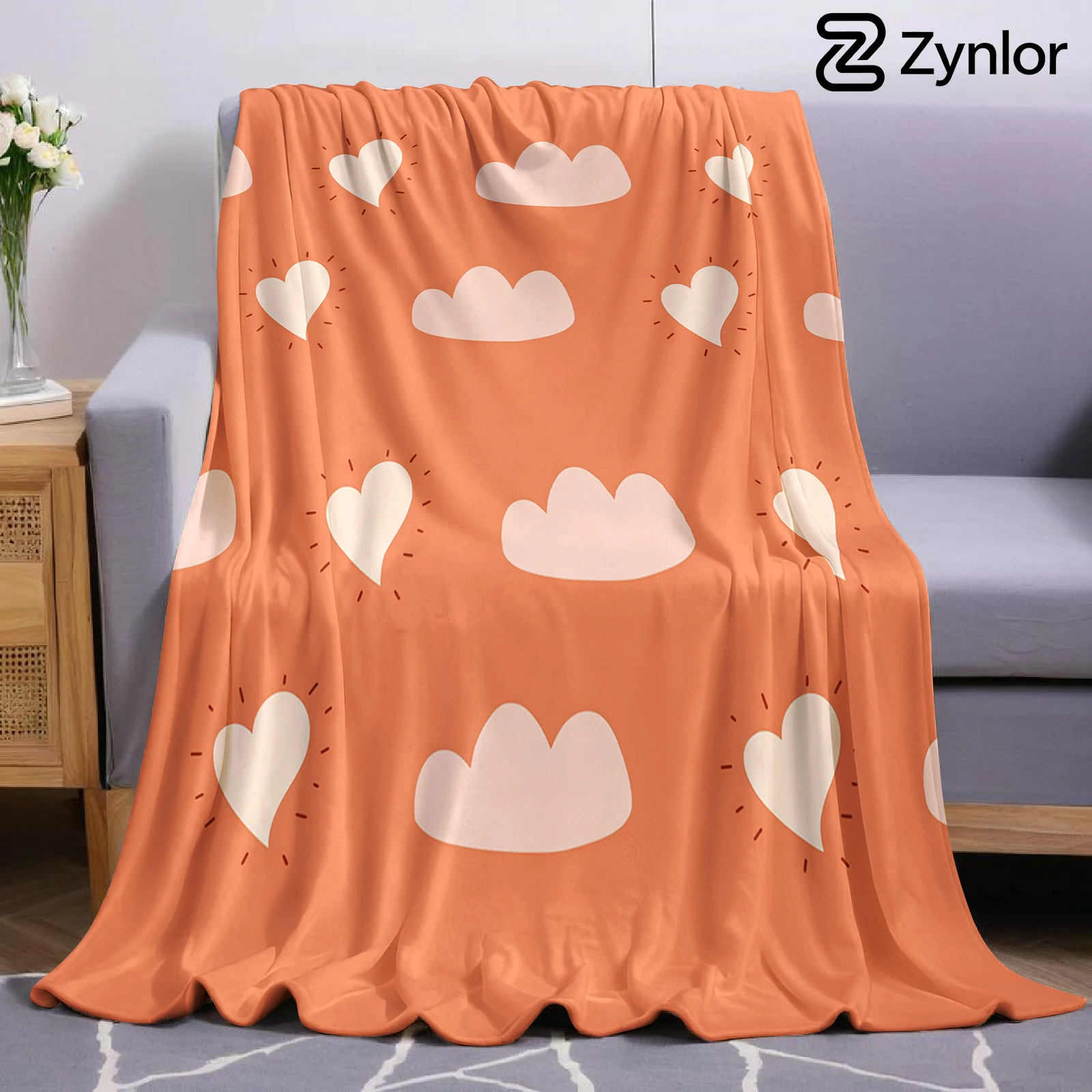 Coral Cloud Doodle Hearts Cartoon Anime Print Flannel Blanket Soft Warm Throw for Kids Bedroom Sofa Bed Christmas Office Car