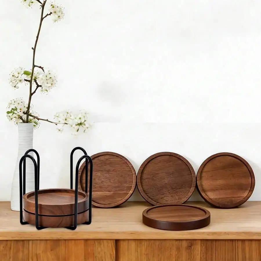 Acacia Wood Coaster Set With Holder, Absorbent Drink Coasters For Coffee Table Dining Table Desk