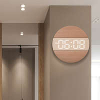 Creative Wooden Digital Clock 12/24H Home Decor Large Round Screen Wall Mounted Clock Automatic Light-sensitive Wall Clocks