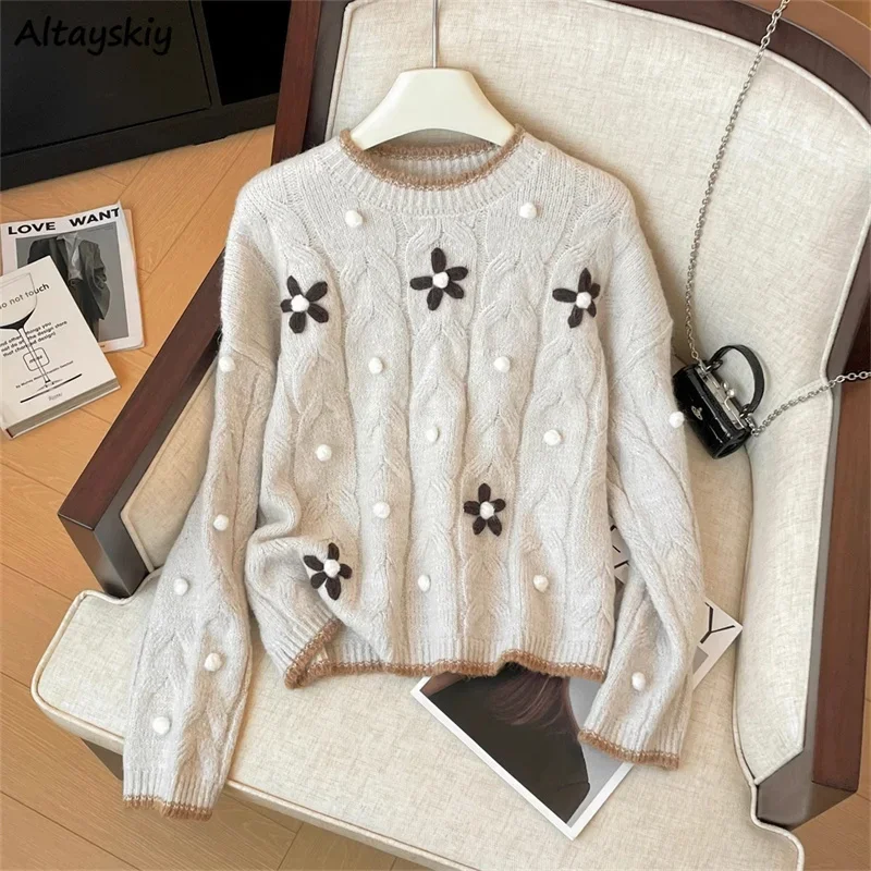 Women Pullovers Tender 3D Flowers O-neck Slouchy Loose Casual Knitwear Ulzzang All-match Korean Style Temper Fluffy Keep Warm