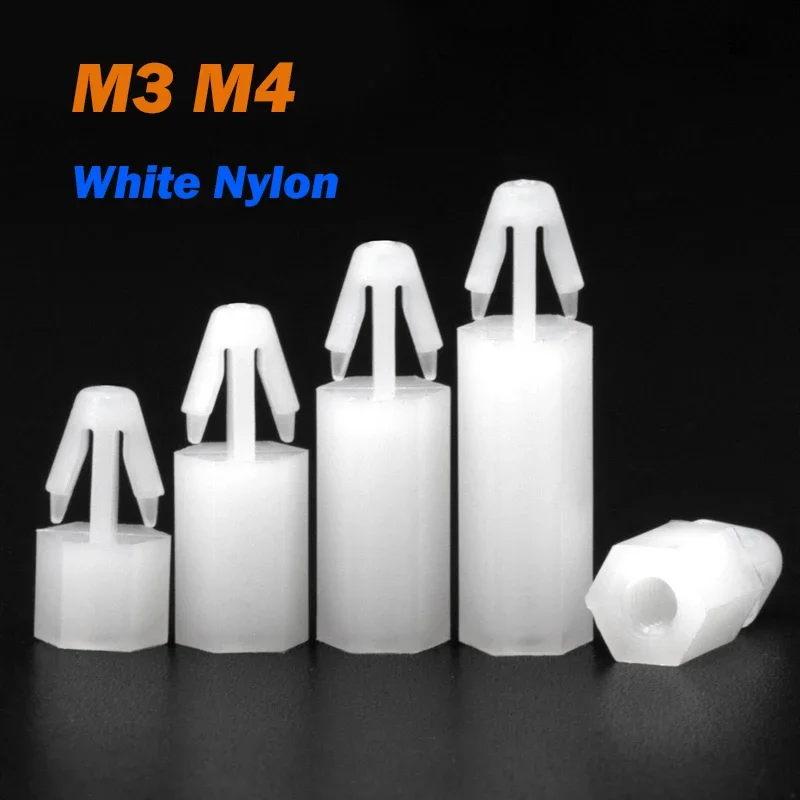Espaciador de placa PCB Pilla M3 M4, tornillo espaciador de nailon blanco para placa PCB, poste de nailon hexagonal de empuje, Pilar espaciador de separación fija