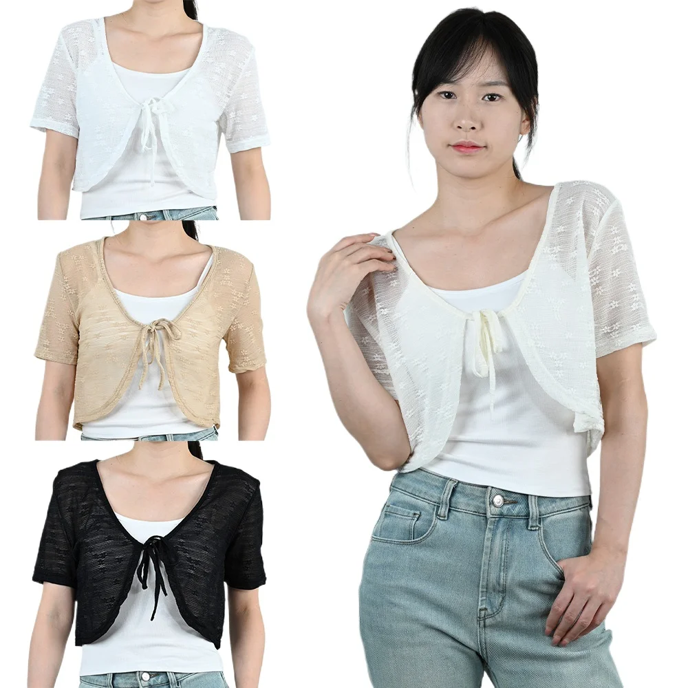 

Elegant Short Sleeve Lace Cardigan for Women Sheer Lightweight Summer Shawl Cover-Up Blouse to Wear with Strapless Sling Dress
