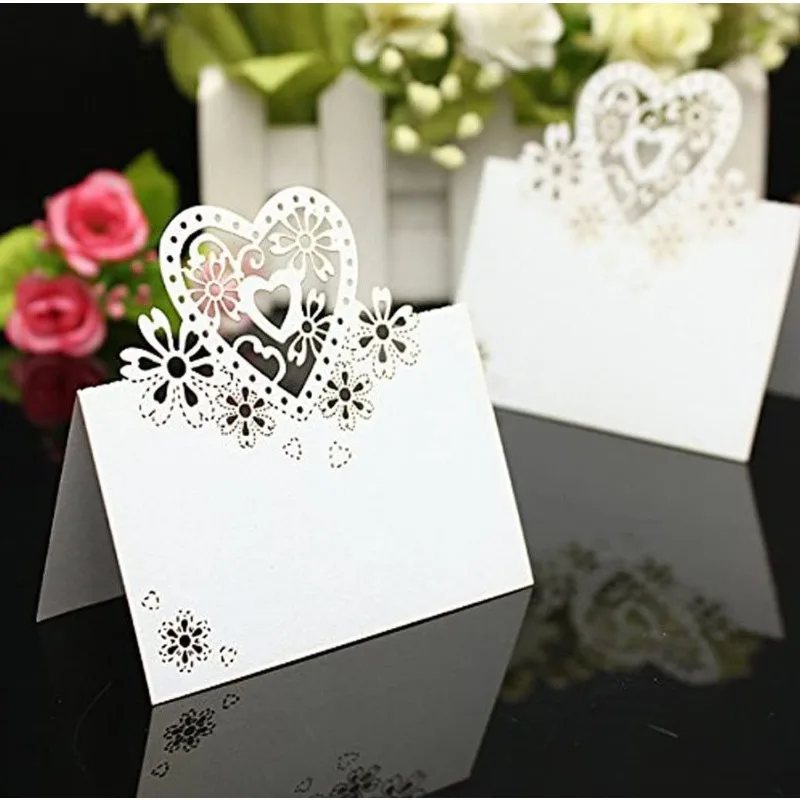 50pcs Cut Heart-Shaped Hollow Wedding Table Number Name Place Card Wedding Party Decoration