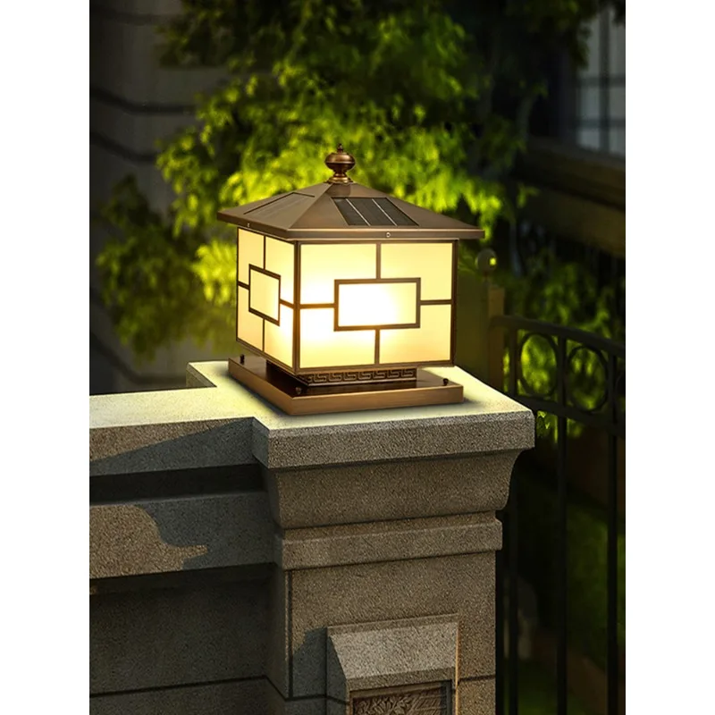 European-style all-copper stigma lamp Outdoor waterproof solar garden fence door pillar lamp Villa gate electric pillar lamp
