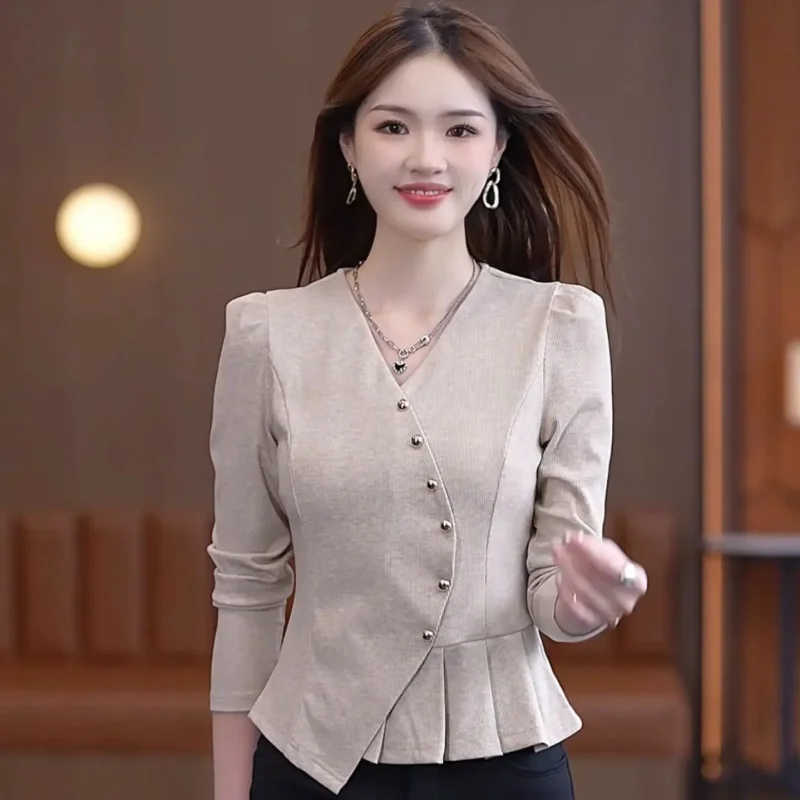 Women Clothing Korean Fashion Ruffled V Neck Slim Asymmetrical T-shirt Office Lady Elegant Chic Solid Long Sleeve Commute Tops