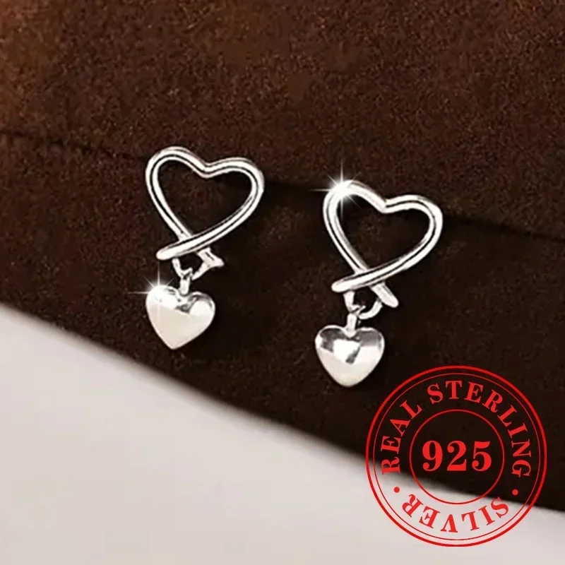 Huitan الطازجة الخلود مزدوجة الحب القلب إسقاط أقراط 925 فضة بسيطة اليومية غرامة مجوهرات فضية اللون الأذن الملحقات #3