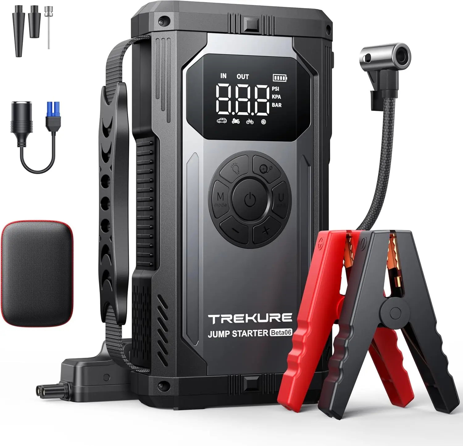 

8-in-1 Portable Car Jump Starter with Air Compressor, 6000A Peak, 150PSI, Emergency Lights & Power Bank
