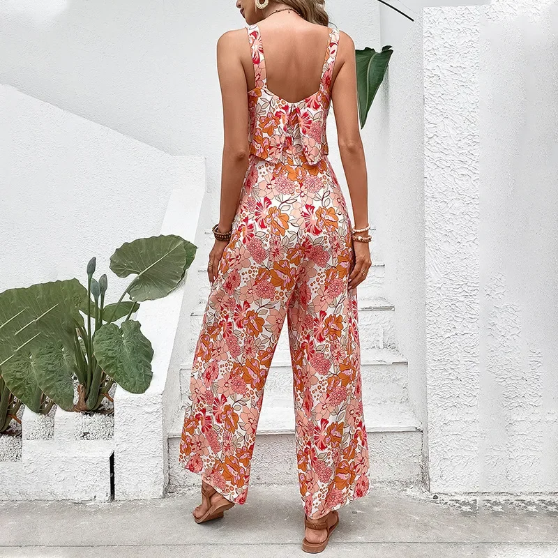 New Summer Beach Women\'s Printed Square Collar Camisole Trousers Holiday Women\'s Jumpsuit  Outfit Women