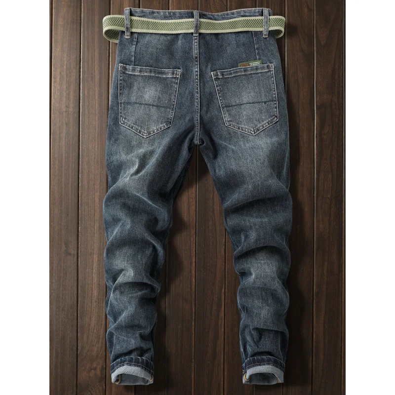 

Осенние новые джинсы, мужская версия, эластичные маленькие ноги, модные трендовые длинные брюки высокого класса с поясом