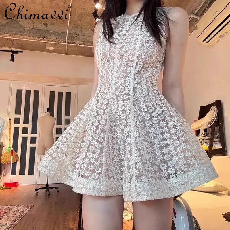 

French Elegant Gentle Style Crew Neck Sleeveless Embroidered Flower High Waist A-line Socialite Short Dresses Women Summer 2025